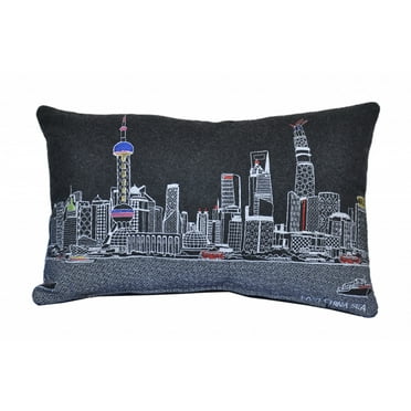 24" Black Shanghai  Nighttime Skyline Lumbar Decorative Pillow