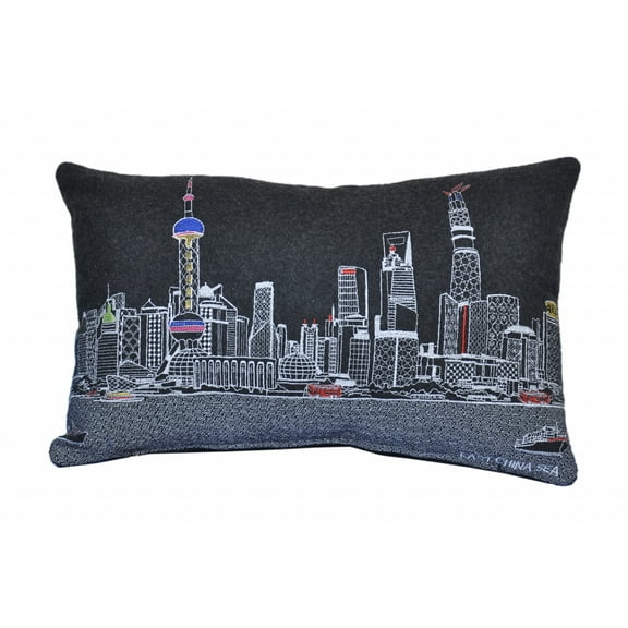 24" Black Shanghai  Nighttime Skyline Lumbar Decorative Pillow