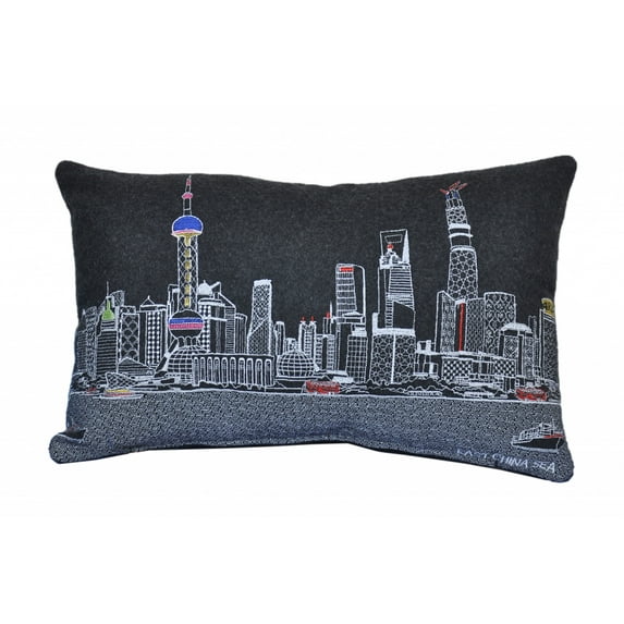 24" Black Shanghai Nighttime Skyline Lumbar Decorative Pillow
