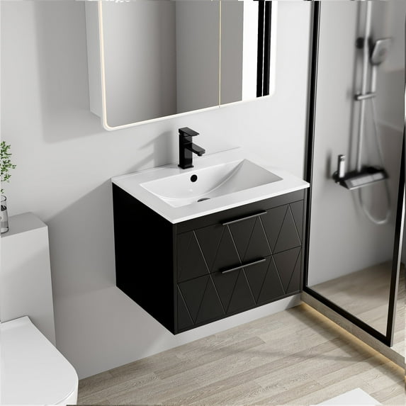 24" Black Wall Mounted Floating Bathroom Vanity Set with Sink Top, Faucet and Drain