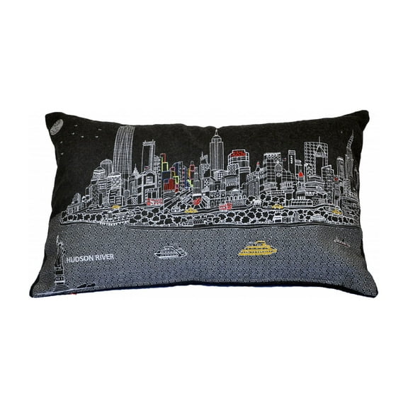 24" Black and White NYC Nighttime Skyline Lumbar Decorative Pillow
