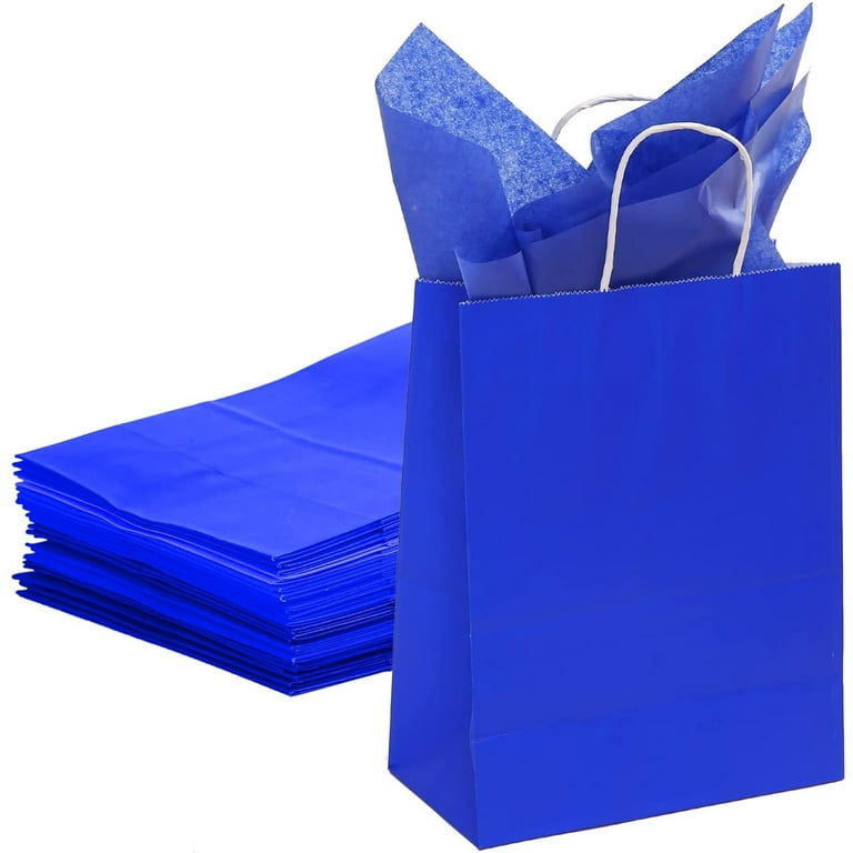 24 Blue Bulk Kraft Party Gift Bags With 24 Sheets of Blue Wrapping Paper -  Small Size Gift Bag (8.6x3.1x6.3 Inch)
