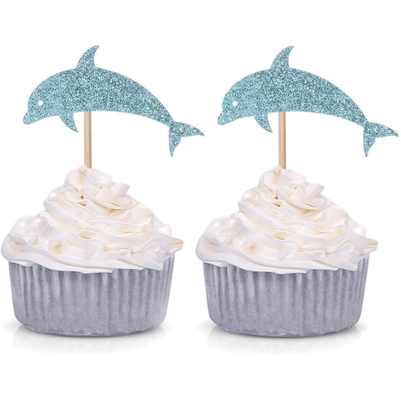 24 Blue Glitter Dolphin Cupcake Toppers Baby Shower Birthday Under the Sea Theme Party Decorations