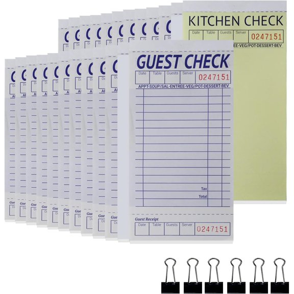 [24 Books] Guest Checks Server Note Pads, 2-Part Carbonless Guest Check Pads Order Pads for Restaurants, Server, Waitress, 50 Sheets Per Server Pads Total 1200, Extra 6 Clips