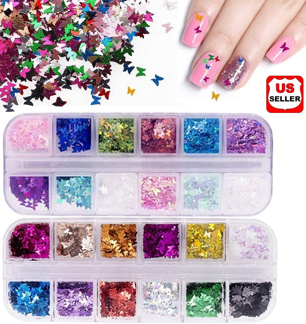 24 Boxes Holographic 3D Butterfly Glitter Nail Art Sequins Iridescent Mermaid Flakes Glitter Colorful Confetti Sticker Manicure Nail Art Supplies Decals Decoration Glitter
