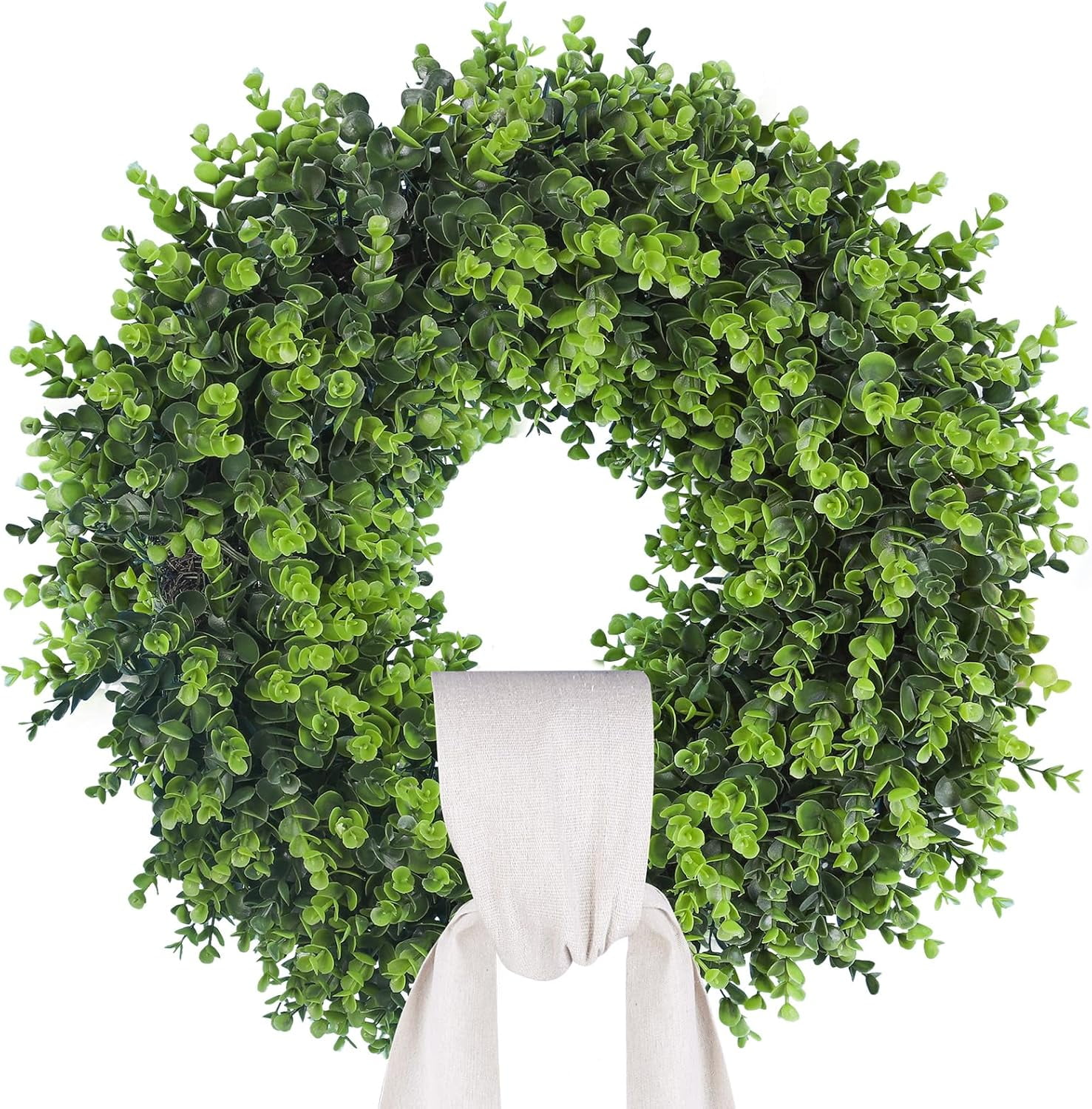 24'' Boxwood Wreath with Linen Sash for Front Door - Artificial Greenery Outdoor Wreath for Porch, Window, Farmhouse, Home, All Seasons Hanging Decor