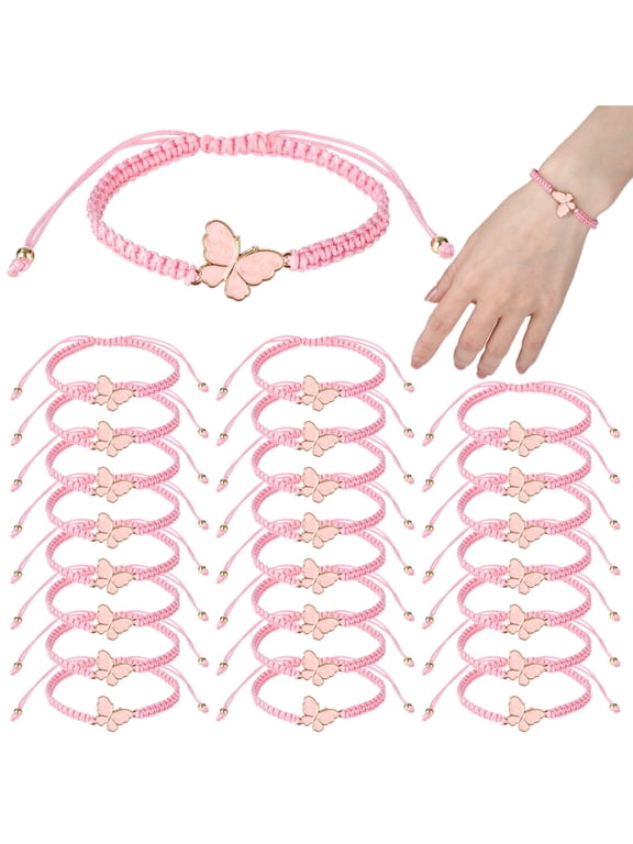 24 Bracelets Bulk Pack, Butterfly Charm Pink Braided String with Gold Beads, Adjustable Coquette Party Favors for Women, 6.3-12.6 Inch