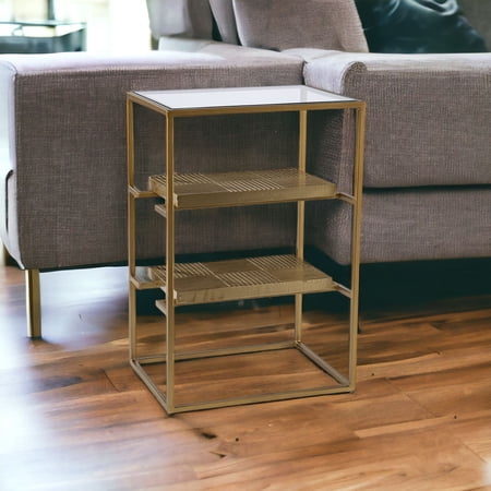 24" Brass Glass And Iron Rectangular End Table With Two Shelves
