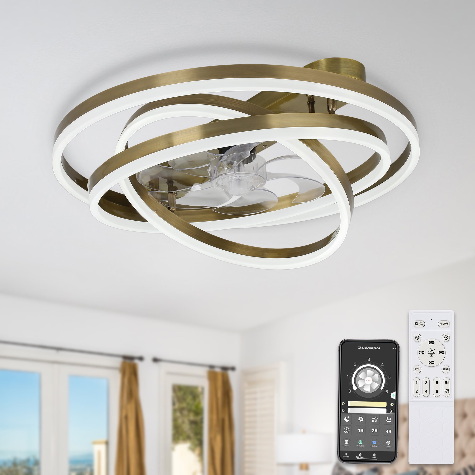 24" Bronze Modern Reversible Ceiling Fan with Dimmable LED Light, 6-Speed DIY Shape Shade with Remote and APP Control