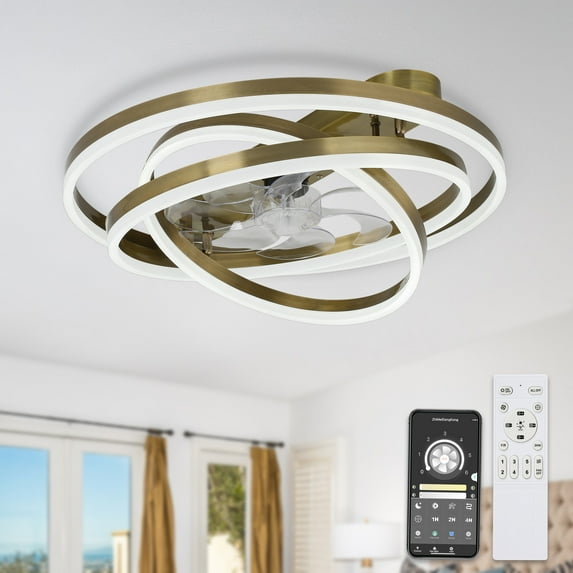 24" Bronze Modern Reversible Ceiling Fan with Dimmable LED Light, 6-Speed DIY Shape Shade with Remote and APP Control