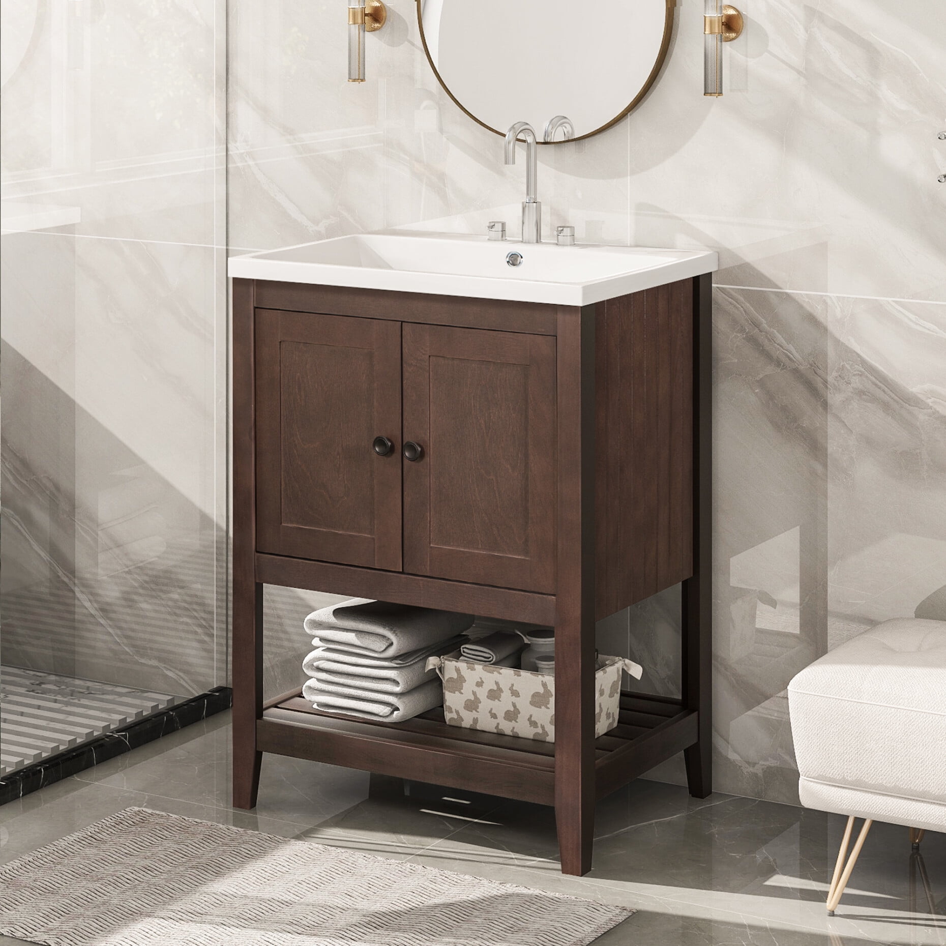 24" Brown Modern Sleek Bathroom Vanity Elegant Ceramic Sink with Solid ...