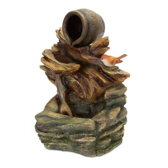 Melrose 18.5" Bucket with Bird Garden Outdoor Patio Waterfall Fountain - Orange/Brown