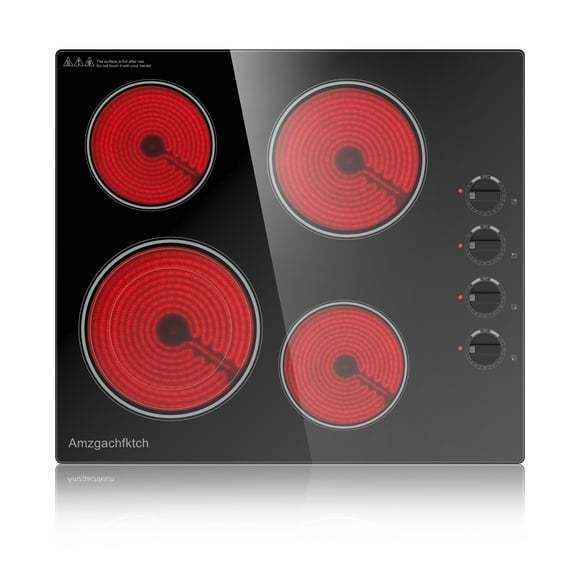 24" Built-In Electric Cooktop 6700W 4-Burner, Radiation-Free Ceramic Glass, Knob Control & 9 Levels, All Cookware, Easy Clean‌