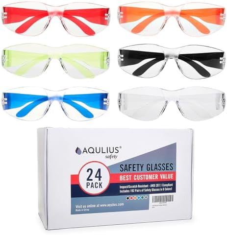 24 Bulk Safety Glasses for Men & Women - ANSI Z78.1 Certified - Scratch/Impact Resistant Crystal Clear Eye Protection Glasses for Construction, Shooting & More - Safety Goggles (6 Colors)