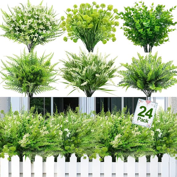 24 Bundles 6 Styles Artificial Plants Flowers for Outdoors Spring Summer Decor, UV Resistant No Fade Faux Plants Plastic Greenery Shrubs, Fake Fern Lavender Boxwood for Gardens Porch Yards Home Decor