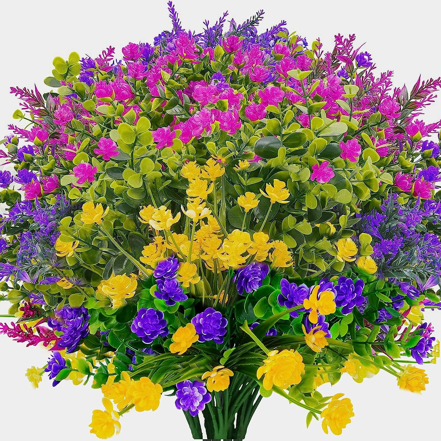 24 Bundles Artificial Fake Flowers Outdoor, 6 Styles UV Resistant No Fade Faux Plastic Greenery Shrubs Plants for Hanging Garden Porch Window Box Farmhouse Outside Decoration