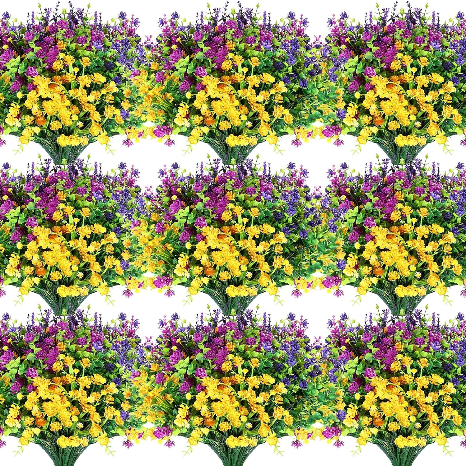 24 Bundles Artificial Fake Flowers Plastic Flower Plants Faux Outdoor Flowers Boxwood Plastic Shrubs Plants for Patio Porch Garden Window Box Home Farmhouse Vase Pots Hanging Planters
