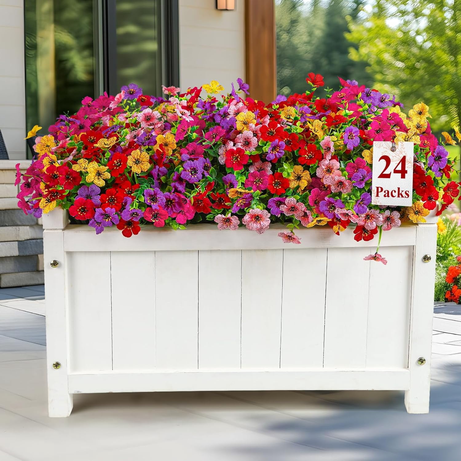 24 Bundles Artificial Flowers Faux Plants Outdoor Decor, UV Resistant Silk Violet Spring Fake Plants for Outside Indoor Yard Home Patio Porch Decor, Mix 5 Colors