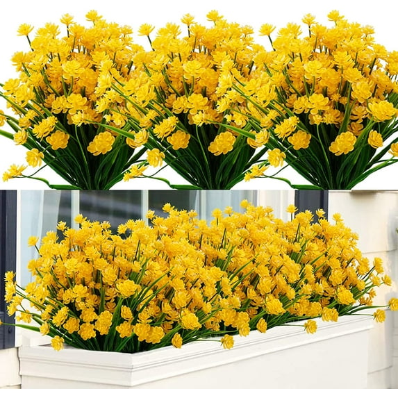 24 Bundles Artificial Flowers Outdoor Fake Flowers for Spring Summer Decoration UV Resistant No Fade Faux Plastic Plants Garden Porch Window Box Decor (Yellow)