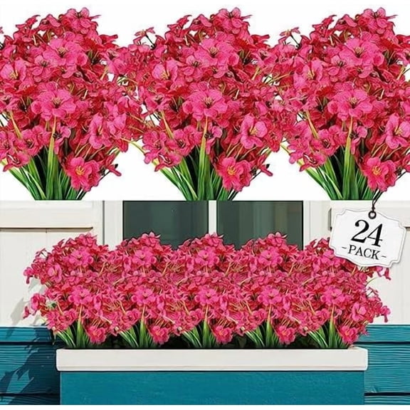 24 Bundles Artificial Flowers for Outdoor,No Fade Fake Plastic Flowers Faux Plants for Decoration Hanging Planters Indoor Outside Garden Porch Window Box Home Wedding Farmhouse
