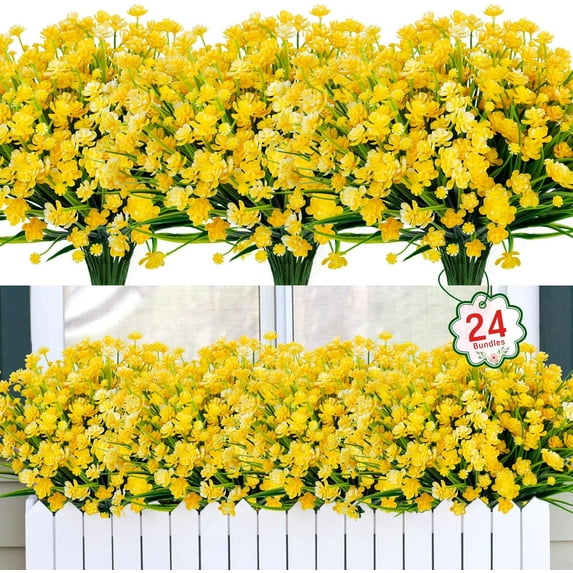 24 Bundles Artificial Flowers for Outdoor, UV Resistant No Fade Fake Flowers Faux Plastic Plants for Hanging Planters Garden Porch Patio Window Box Spring Summer Decoration, Yellow