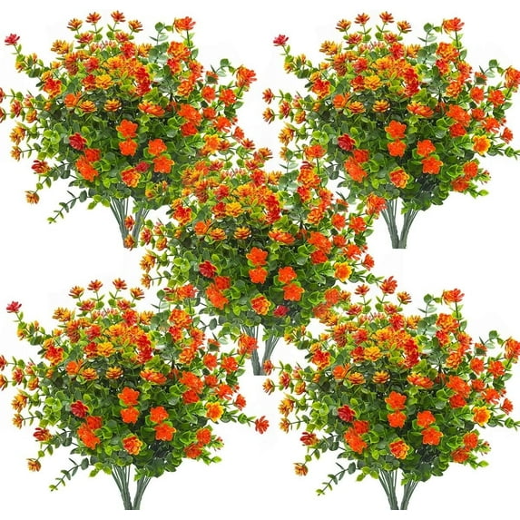 24 Bundles Artificial Flowers Outdoor UV Resistant Fake Flowers,Faux Plastic Flower Greenery Shrubs Plants for Indoor Outside Planter Home Garden Window Box Porch Decor (Orange-Eucalyptus)