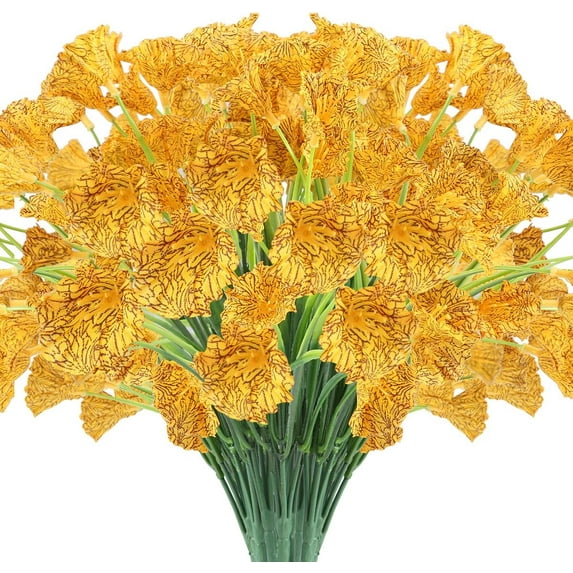 24 Bundles Artificial Flowers Outdoor UV Resistant Fake Flowers No Fade Faux Plastic Plants Garden Porch Window Box Decorating(Yellow) A