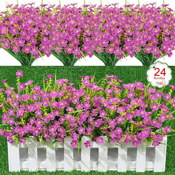 24 Bundles Artificial Flowers Outdoor UV Resistant Fake Flowers Plants No Fade Silk Plastic Flowers for Outside Front Porch Planters Garden Window Box Indoor Home Decor, Purple Red
