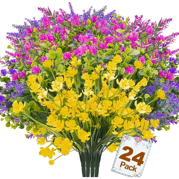 24 Bundles Artificial Flowers for Outdoors, Artificial Plants UV Resistant Fake Flowers Greenery Shrubs Plants for Decoration Outdoor Plants Hanging Planter Home Garden Decor