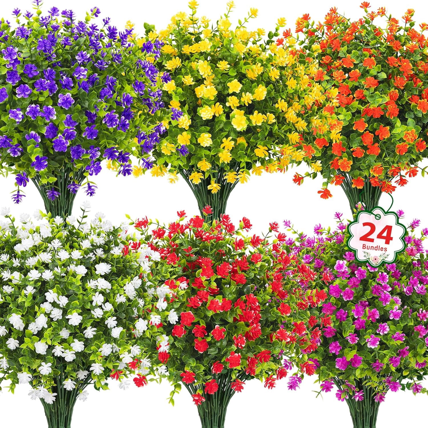 24 Bundles Artificial Flowers for Outdoors Decoration Fake UV Resistant Faux Plastic Greenery Eucalyptus Plants Spring Summer Garden Patio Indoor Outdoor Home Decor, Multicolor