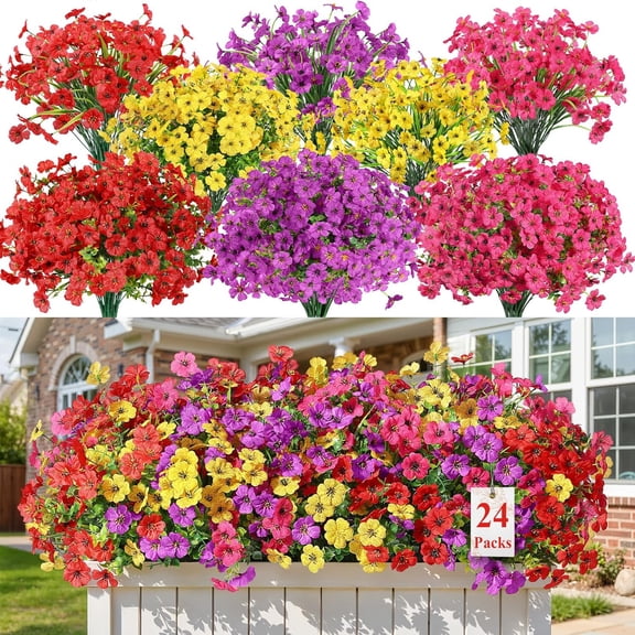 24 Bundles Artificial Flowers for Outdoors Decoration, UV Resistant Silk Faux Daisy Flora Spring Fake Plastic Plants Greenery for Outside Indoor Yard Home Porch Window Box Decor, Mix 4 Colors