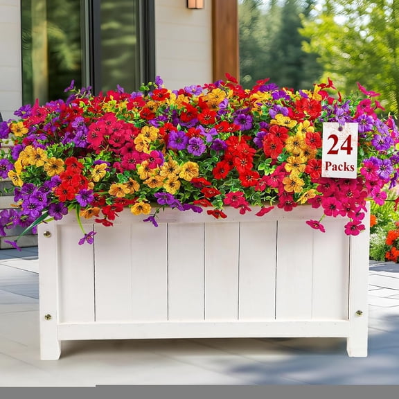 24 Bundles Artificial Flowers for Outdoors Decoration, UV Resistant Silk Violet Faux Colorful Violet Eucalyptus Spring Fake Plants for Outside Indoor Yard Home Patio Porch Decor, Mix 4 Colors