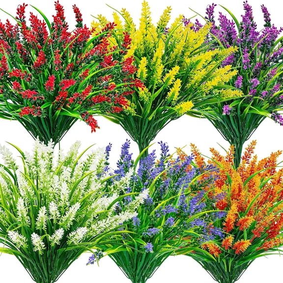 24 Bundles Artificial Flowers for Outdoors Fake Lavender Flowers UV Resistant Faux Plants Monkey Grass for Garden Porch Fence Patio Window Box DecorColorful