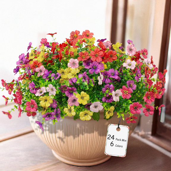 Artificial Flowers for Outdoor Indoor Garden Home Decoration, Faux Flower Daisy with Eucalyptus Leaves Fake Plants Greenery Boxwood Porch Patio, 24 Bundles, Mix 6 Colors