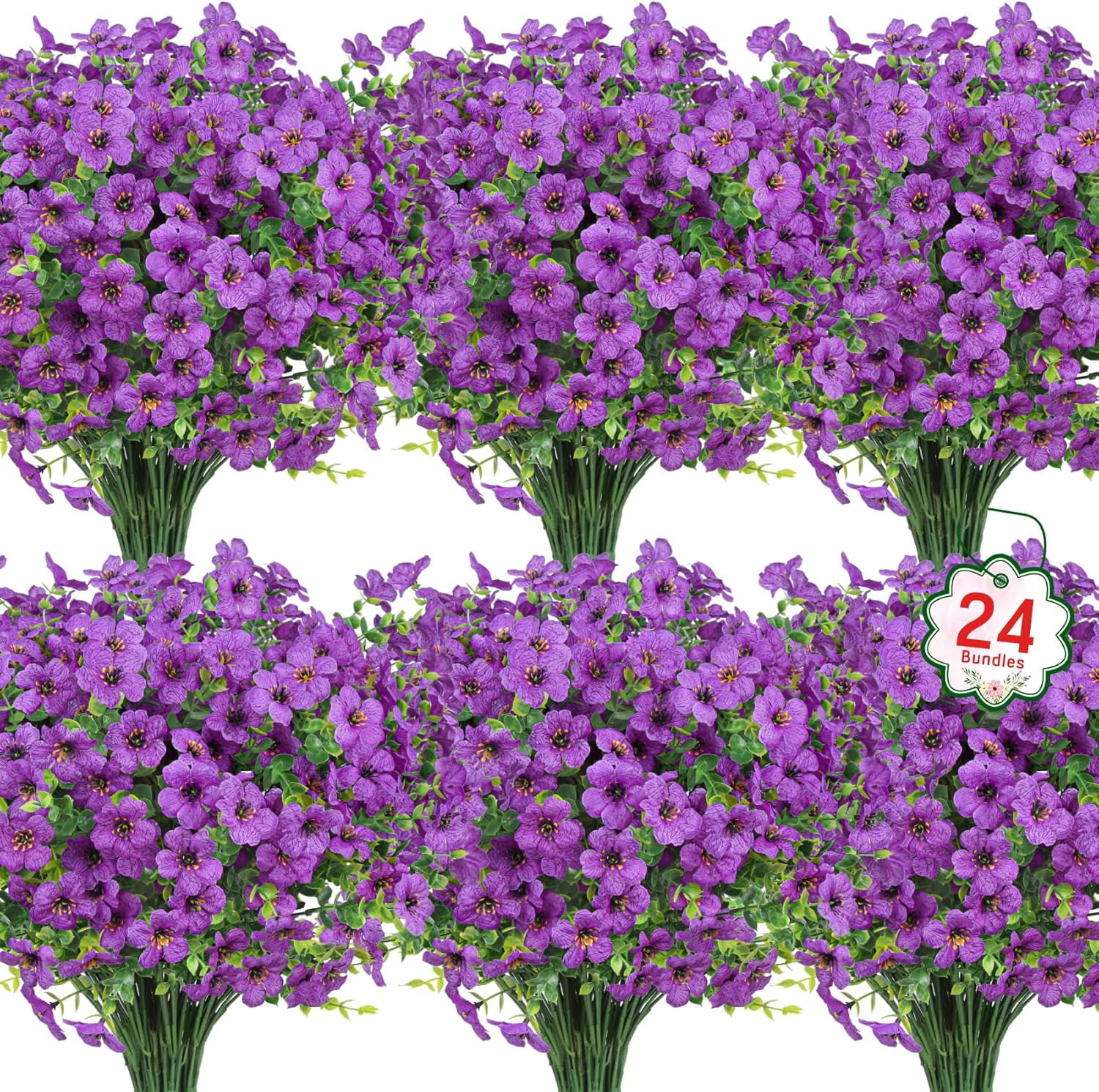 24 Bundles Artificial Flowers for Outdoors Fake Silk Flowers UV Resistant Faux Plastic Plants for Spring Summer Garden Porch Window Box Table Vase Home Indoor Outdoor Decoration, Purple