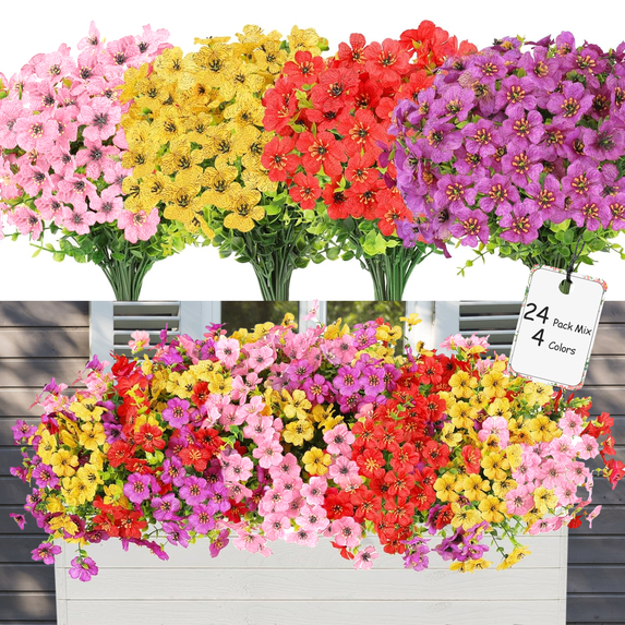Artificial Flowers for Outdoor Indoor Garden Home Decoration, Faux Flower Daisy with Eucalyptus Leaves Fake Plants Greenery Boxwood Porch Patio, 24 Bundles, Mix 4 Colors