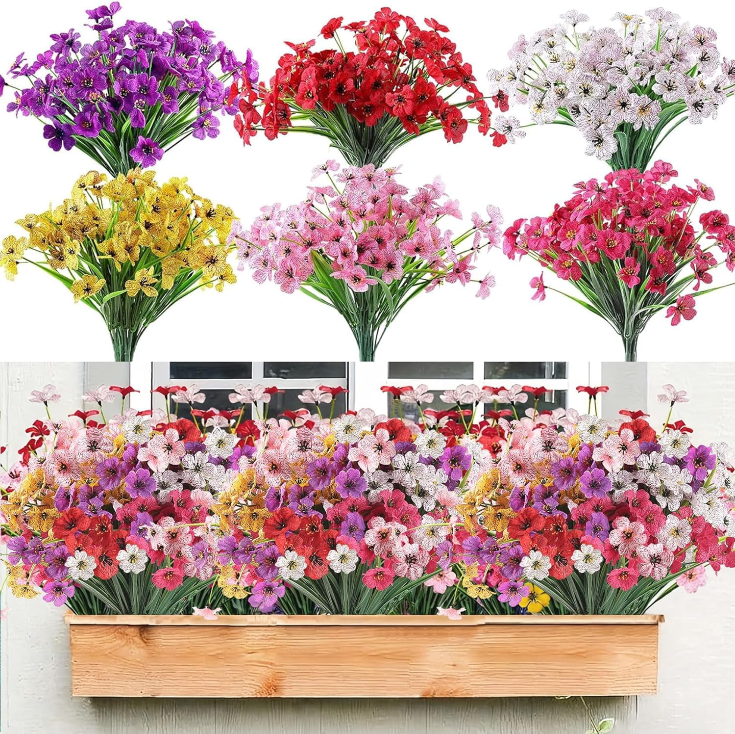 24 Bundles Artificial Flowers for Outdoors, Fake Silk Violet Flowers Faux Plants UV Resistant for Hanging Planters Window Box Front Porch Indoor Outside Decorations (6 Colors Assorted)