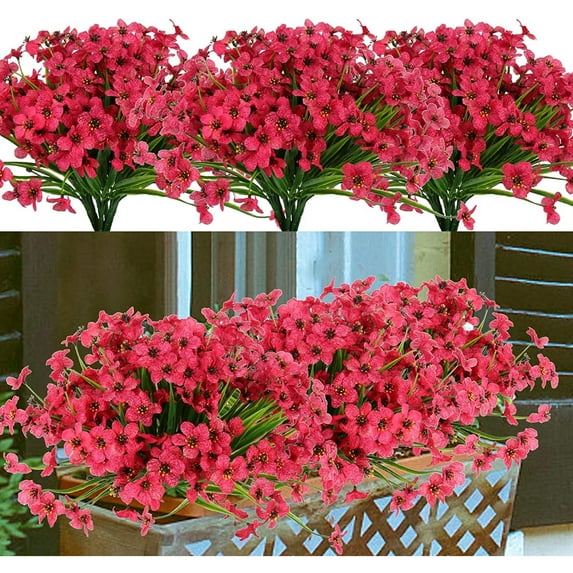24 Bundles Artificial Flowers for Outdoors UV Resistant Faux Silk Flowers No Fade Plastic Greenery Plants for Hanging Planter Garden Porch Window Box Patio Home Decoration (Rose Red)