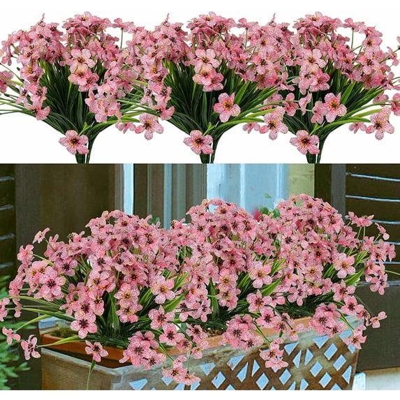 24 Bundles Artificial Flowers for Outdoors UV Resistant Faux Silk Flowers No Fade Plastic Greenery Plants for Hanging Planter Garden Porch Window Box Patio Home Decoration (Pink)
