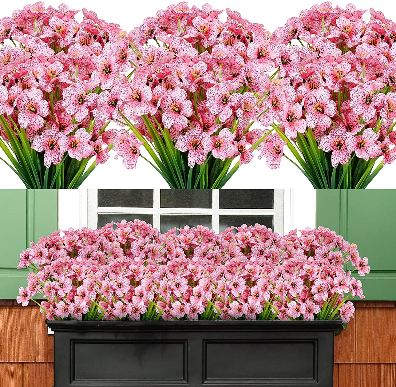 24 Bundles Artificial Flowers for Spring Decoration, Outdoor UV Resistant Fake Silk Flowers No Fade Faux Plastic Plants for Indoor Outside Window Box Porch Hanging Basket Decor (Pink-violet)