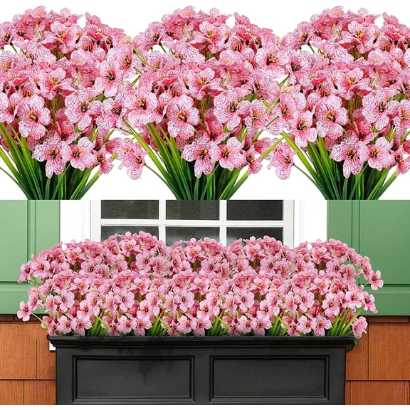 24 Bundles Artificial Flowers for Spring Decoration, Outdoor UV Resistant Fake Silk Flowers No Fade Faux Plastic Plants for Indoor Outside Window Box Porch Hanging Basket Decor (Pink-violet)