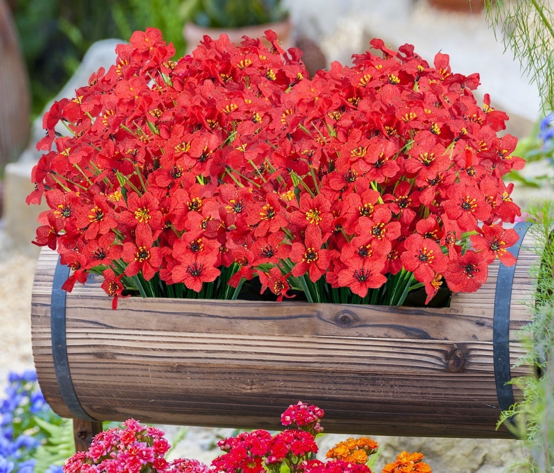 Scidweet 24 Bundles Fake Flowers Outdoor, Artificial Plants Faux Flowers Spring Summer Outside for Home Garden Porch Window Box Decorations, Red