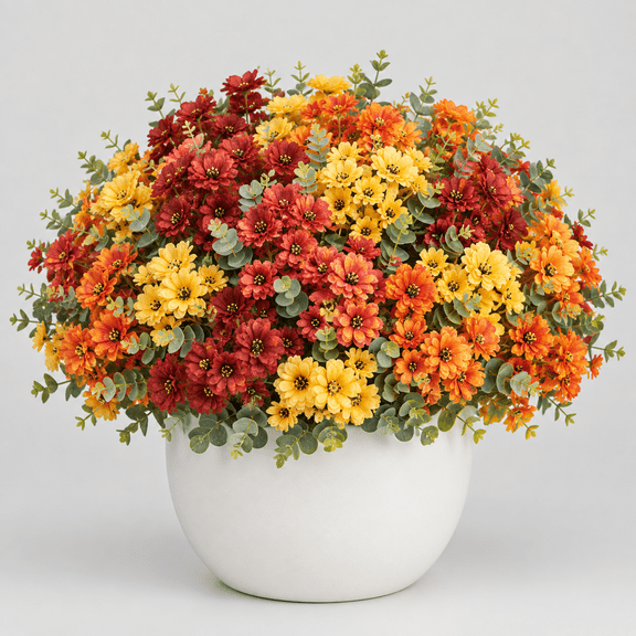 24 Bundles Artificial Mums for Outdoors, UV Resistant Fall Flowers