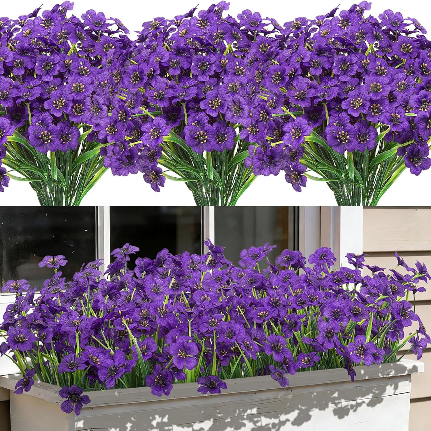 24 Bundles Artificial Silk Violet Flowers Realistic UV Resistant Outdoor Fake Plants for Indoor/Outside, Front Porch, Garden, Hanging Planter, Window Box Decoration (Dark Purple)