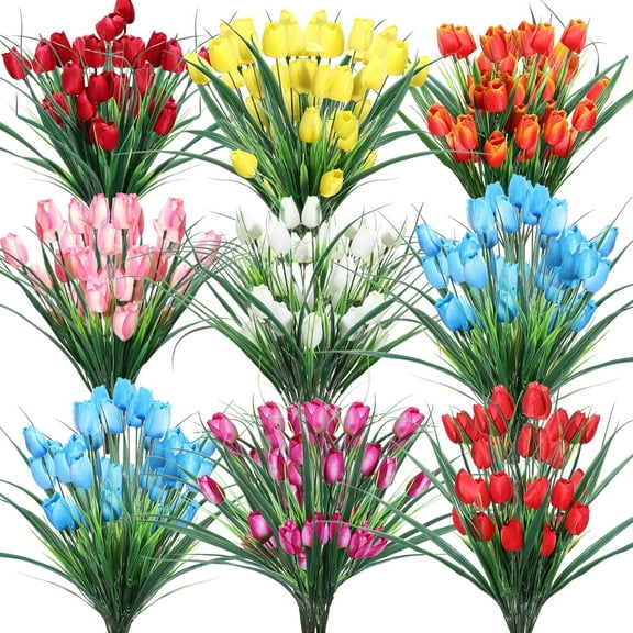 24 Bundles Artificial Tulips Fake Flowers UV Resistant Faux Realistic Tulip Flowers Faux Plastic Greenery Shrubs Plants for Wreath Home Room Office Party Wedding (Multicolor)