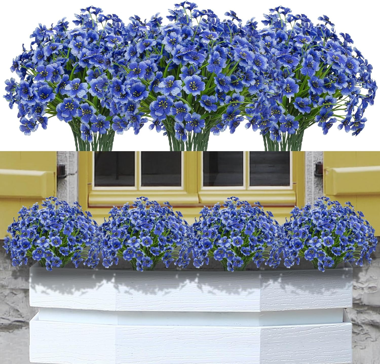 24 Bundles Artificial Violet Flowers Outdoors UV Resistant Fake Plastic Silk Flowers Faux Plants for Indoor Outside Porch Window Garden Decoration (Blue)