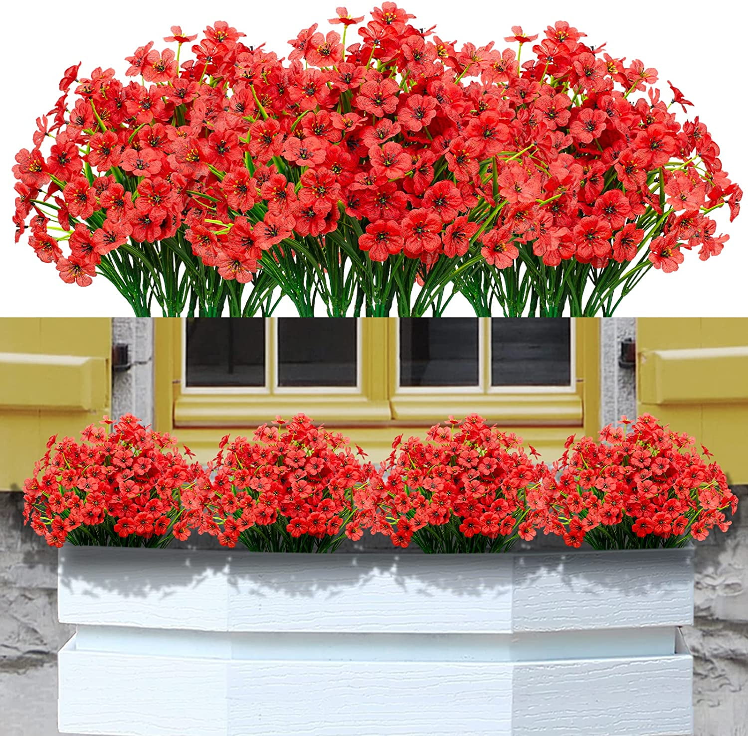 24 Bundles Artificial Violet Flowers Outdoors UV Resistant Fake Plastic Silk Flowers Faux Plants for Indoor Outside Porch Window Garden Decoration (Red)