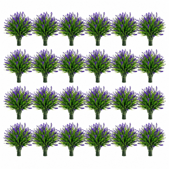 24 Bundles Fake Lavender Artificial Flowers for Outdoors, Purple | UV resistant, plastic lavender with monkey grass, faux plants, home porch garden window box outdoor indoor decorations