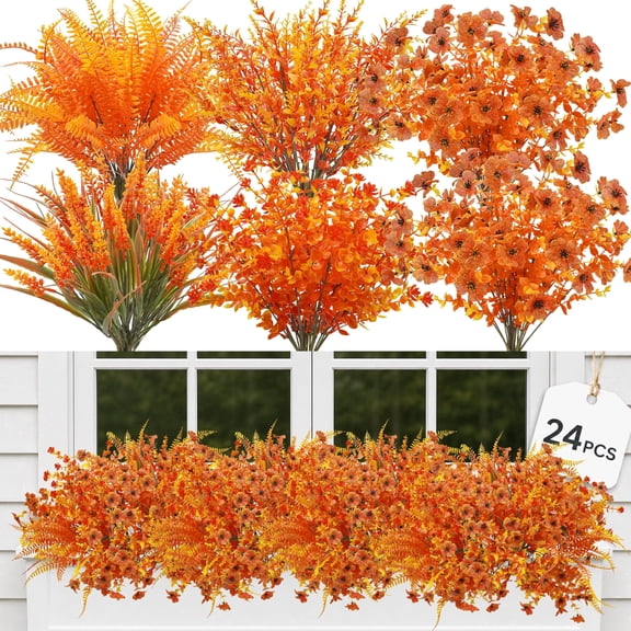 Miracliy 24 Stems 5 Fork Solid Orange Fall Mixed Artificial Flower Stems, Assorted Faux Greenery Branches for Vase Thanksgiving Home Autumn Decor