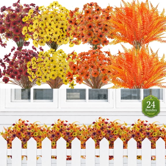 Miracliy 24 Stems 3-Color Fall Artificial Eucalyptus, Thin Leaf Fabric Flowers and Bright Orange Fern Greenery Stems for Vase Thanksgiving Home Autumn Decor